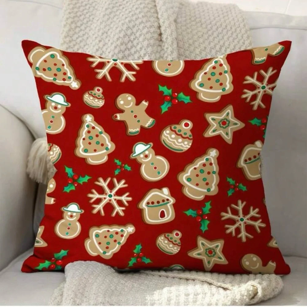 Gingerbread Print Red Christmas Holiday Pillow Cover